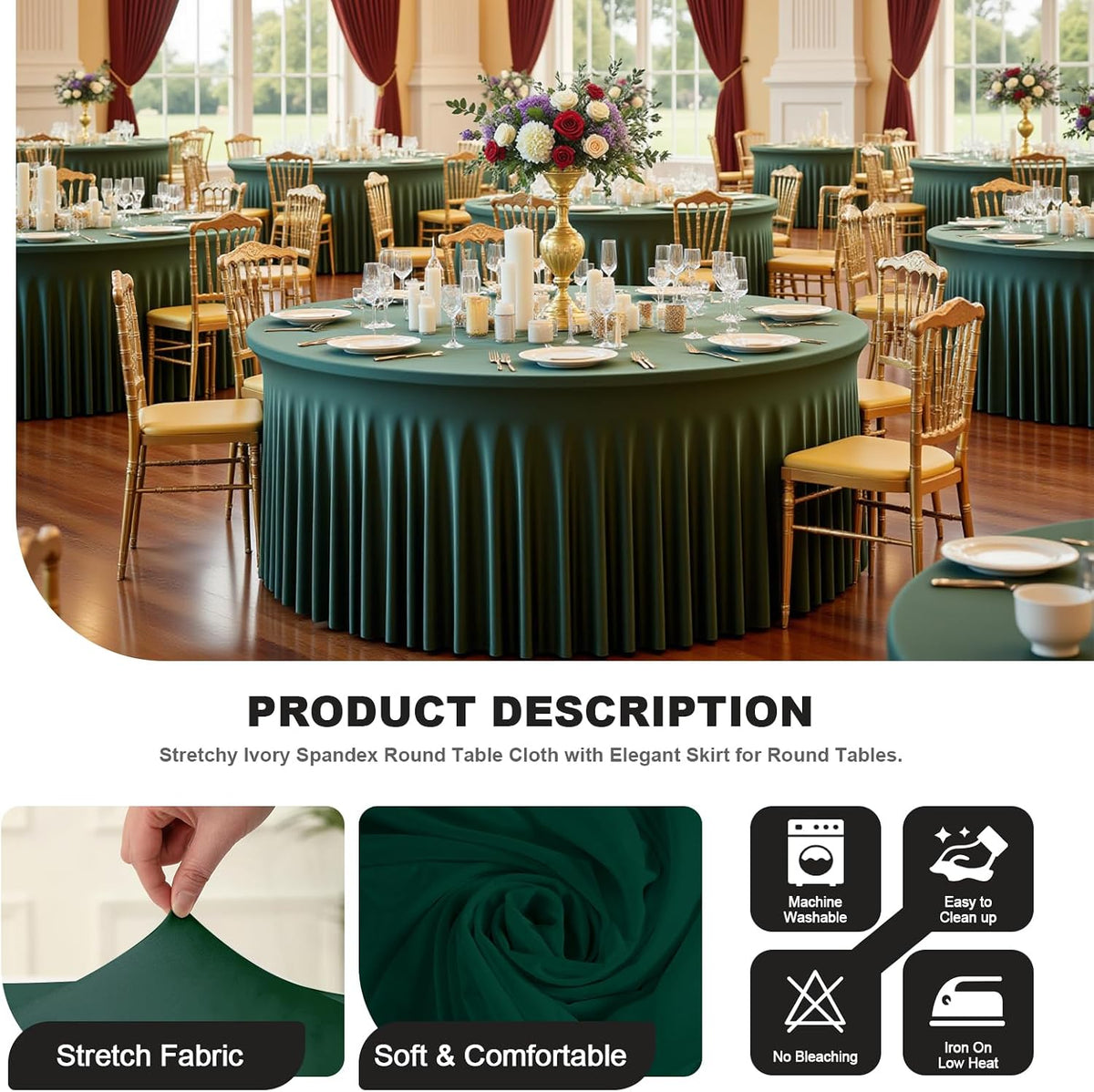 60 Inch Dark Green Round Tablecloth - Stretch Spandex Fitted Table Cover with Elastic Skirt Edge, Wrinkle-Free & Reusable for 5FT Tables Wedding Banquet Party Birthday Buffet