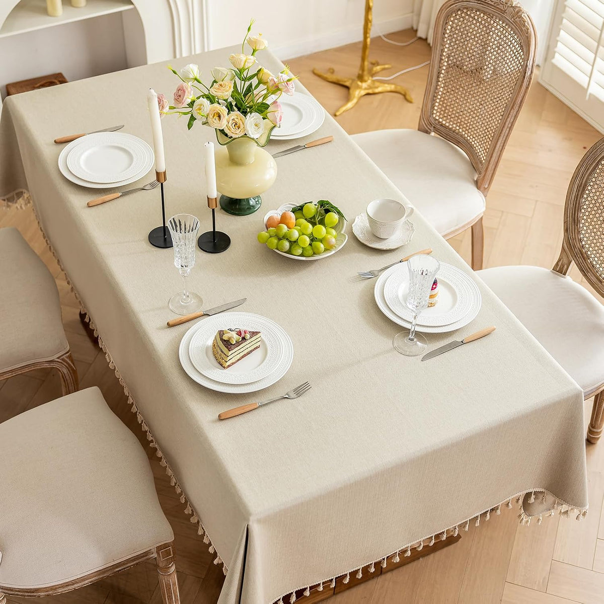 Heavyweight Polyester Square Tablecloth with Tassels, Warm Beige, 55 x 55