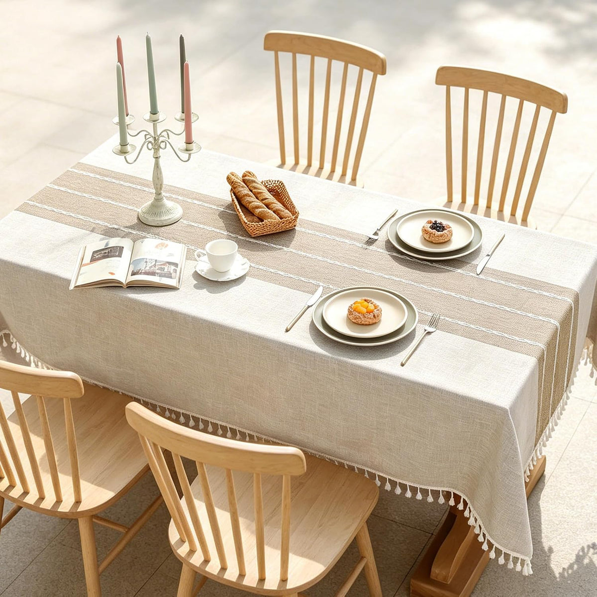 Cotton Linen Tablecloth, Water Resistant Holiday Table Cloth for Rectangle Table with Tassel, Washable Heavy Duty Wrinkle Free Table Cover for Dining Picnic, Coffee Lines, 75 X 55 Inch