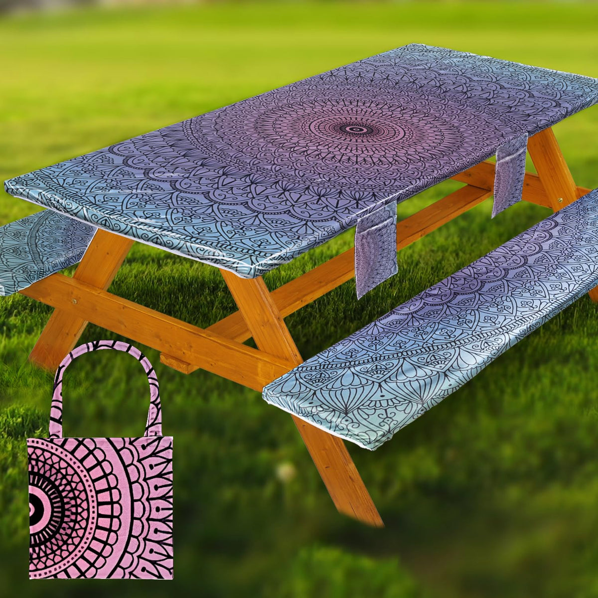 Fitted Picnic Table Cover with Bench Covers Vinyl Waterproof Elastic Edges Fitted Rectangle Tables Patio Tablecloth Camping Gear and Essentials Rv Accessories Road Trip Supplies Car Travel Must Haves
