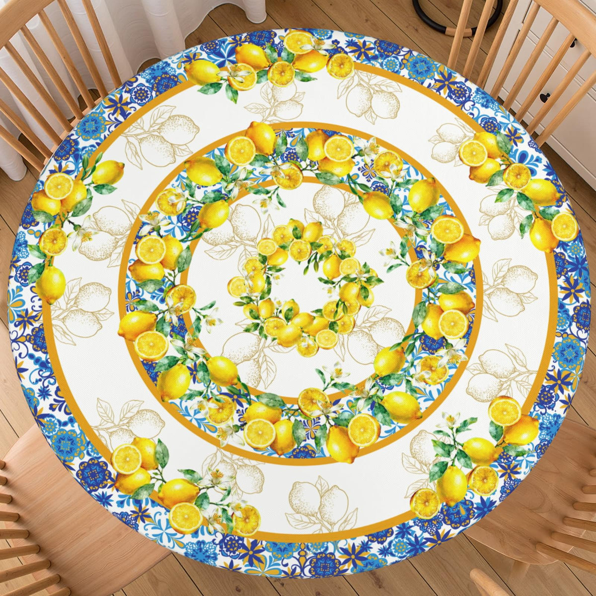 Fall Round Fitted Tablecloth with Elastic Edge Orange Blue White Thanksgiving Pumpkin Table Cover 40-44 Inch Autumn Leaf Washable Table Cloth for Kitchen Dining Room Party Decor