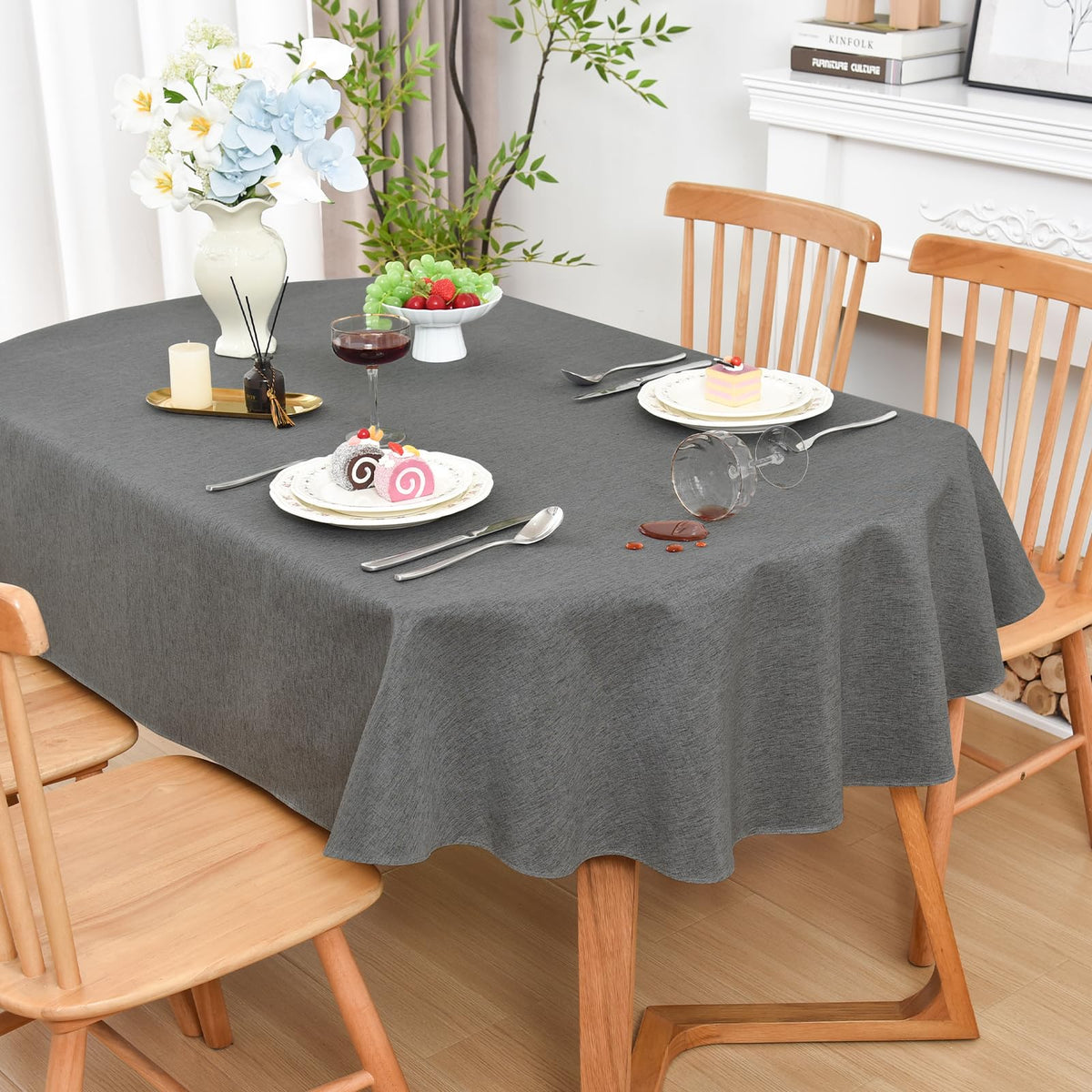 Wolkemer Oval Tablecloth 60 x 84 Inches Faux Linen Water Resistant