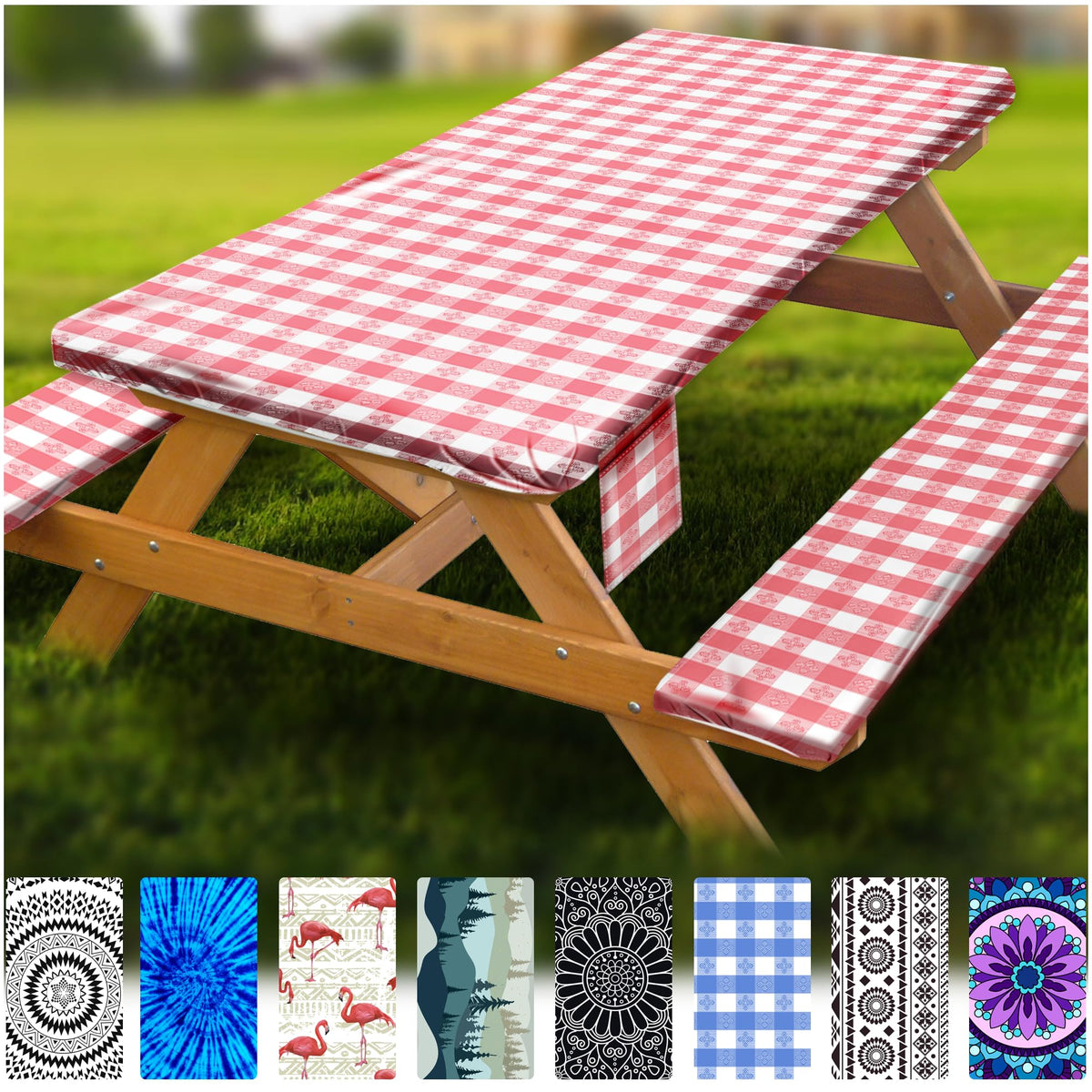 Fitted Picnic Table Cover with Bench Covers Vinyl Waterproof Elastic Edges Fitted Rectangle Tables Patio Tablecloth Camping Gear and Essentials Rv Accessories Road Trip Supplies Car Travel Must Haves