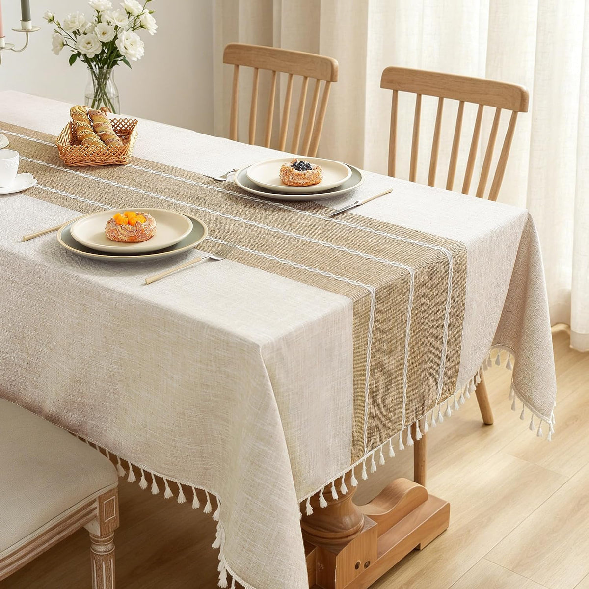 Cotton Linen Tablecloth, Water Resistant Holiday Table Cloth for Rectangle Table with Tassel, Washable Heavy Duty Wrinkle Free Table Cover for Dining Picnic, Coffee Lines, 75 X 55 Inch