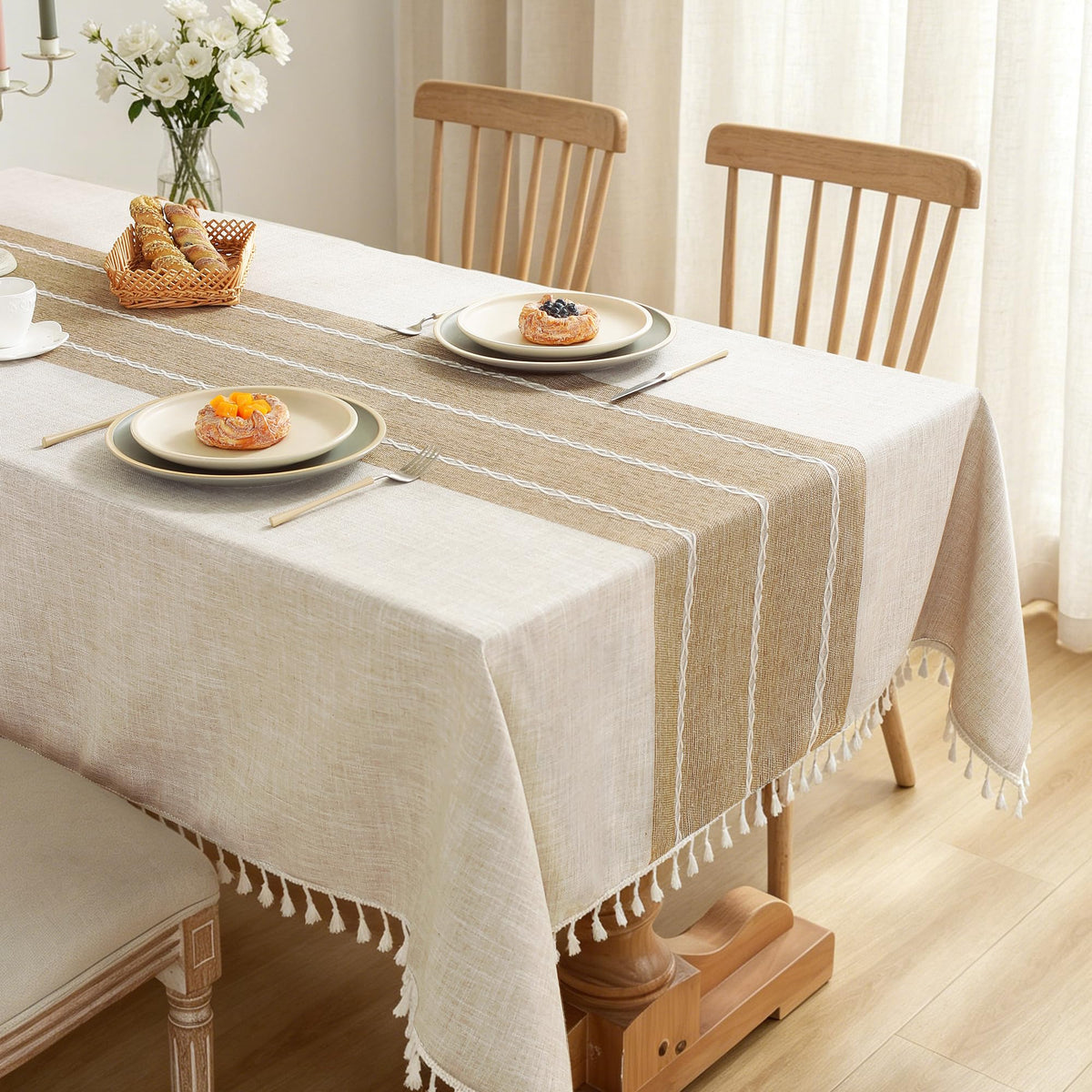 Cotton Linen Tablecloth, Water Resistant Holiday Table Cloth for Rectangle Table with Tassel, Washable Heavy Duty Wrinkle Free Table Cover for Dining Picnic, Coffee Lines, 75 X 55 Inch