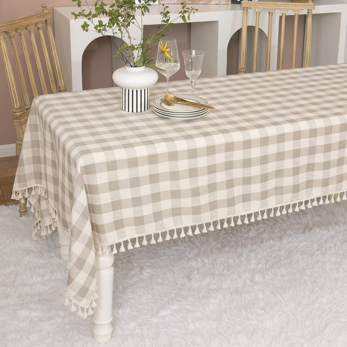 Midsummer Breeze Farmhouse Gray Khaki Gingham Tablecloth Rectangle 55”x70”