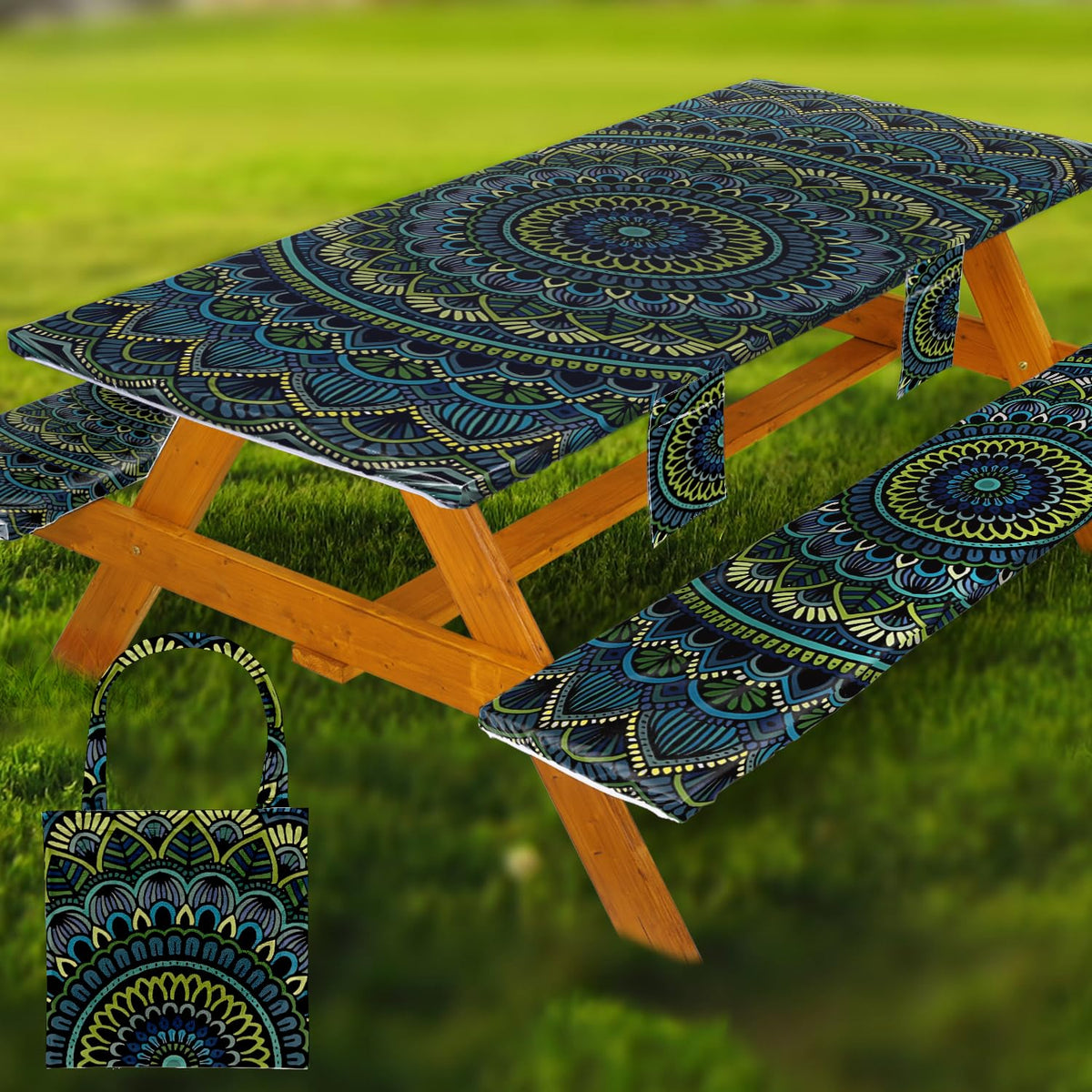 Fitted Picnic Table Cover with Bench Covers Vinyl Waterproof Elastic Edges Fitted Rectangle Tables Patio Tablecloth Camping Gear and Essentials Rv Accessories Road Trip Supplies Car Travel Must Haves