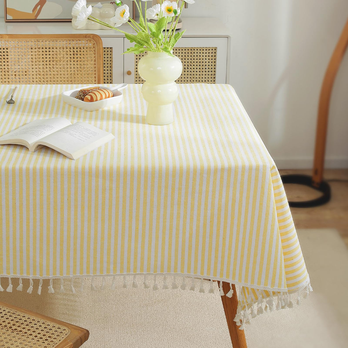 meioro Table Cloth Blue White Striped Tablecloth Tassels Cotton Blend Dust-Proof Table Cover for Dining Coffee Buffet Kitchen Picnic Tables, Parties Indoor Outdoor Square Tablecloths (36x36 Inch)