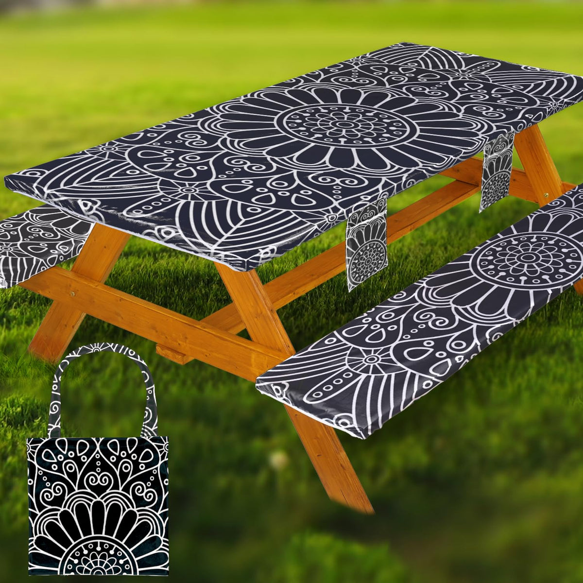 Fitted Picnic Table Cover with Bench Covers Vinyl Waterproof Elastic Edges Fitted Rectangle Tables Patio Tablecloth Camping Gear and Essentials Rv Accessories Road Trip Supplies Car Travel Must Haves
