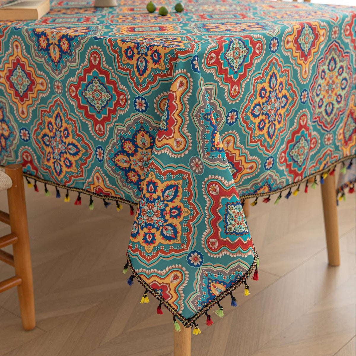 Boho Tablecloth for Square Tables,Fringed Edges with Geometric Pattern Tablecloths,Farmhouse Floral Table Cover Cloth Decorative for Kitchen Dining Room,59"x 59"