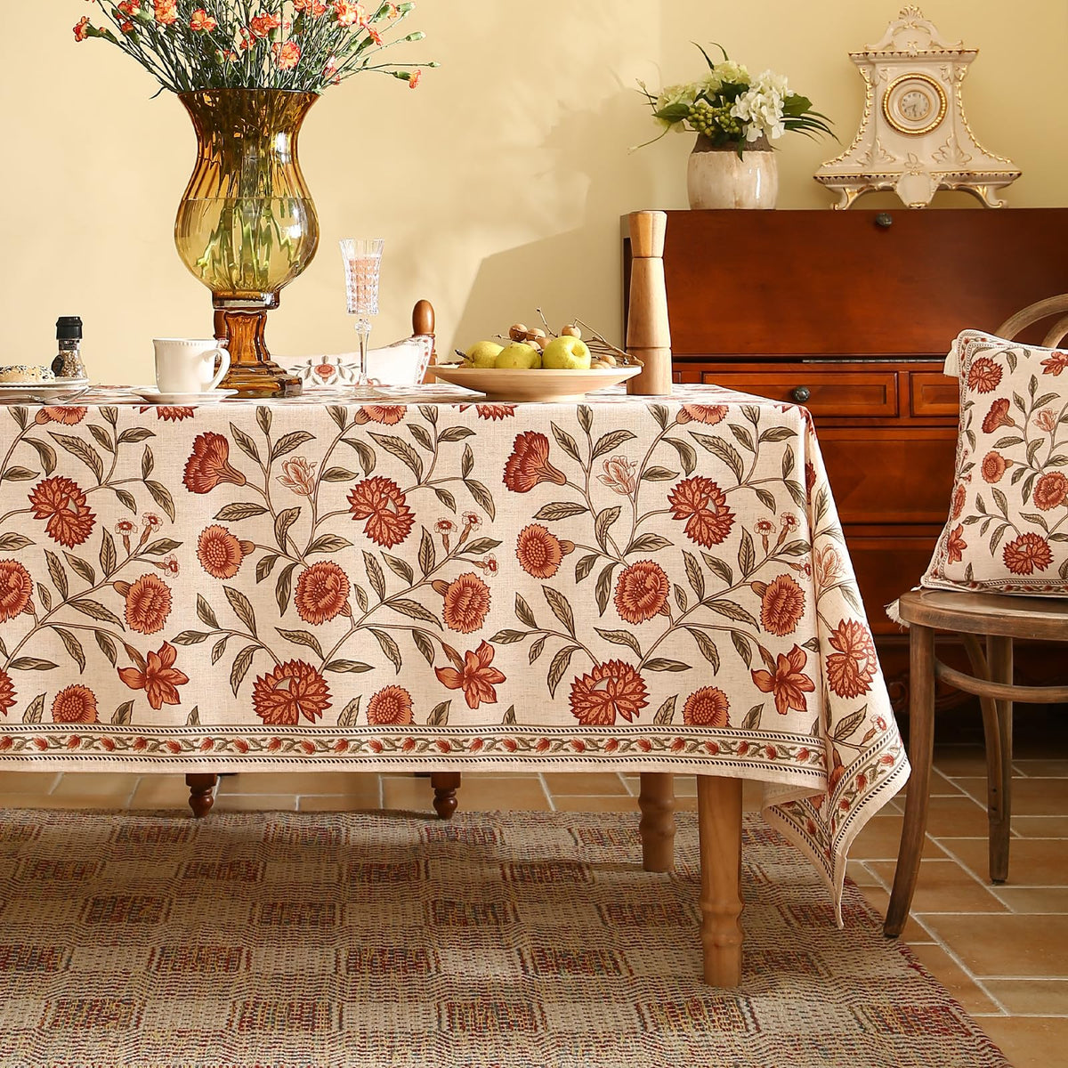 ISAENNE Designer Vintage Square Large Floral Tablecloth,67"x67"