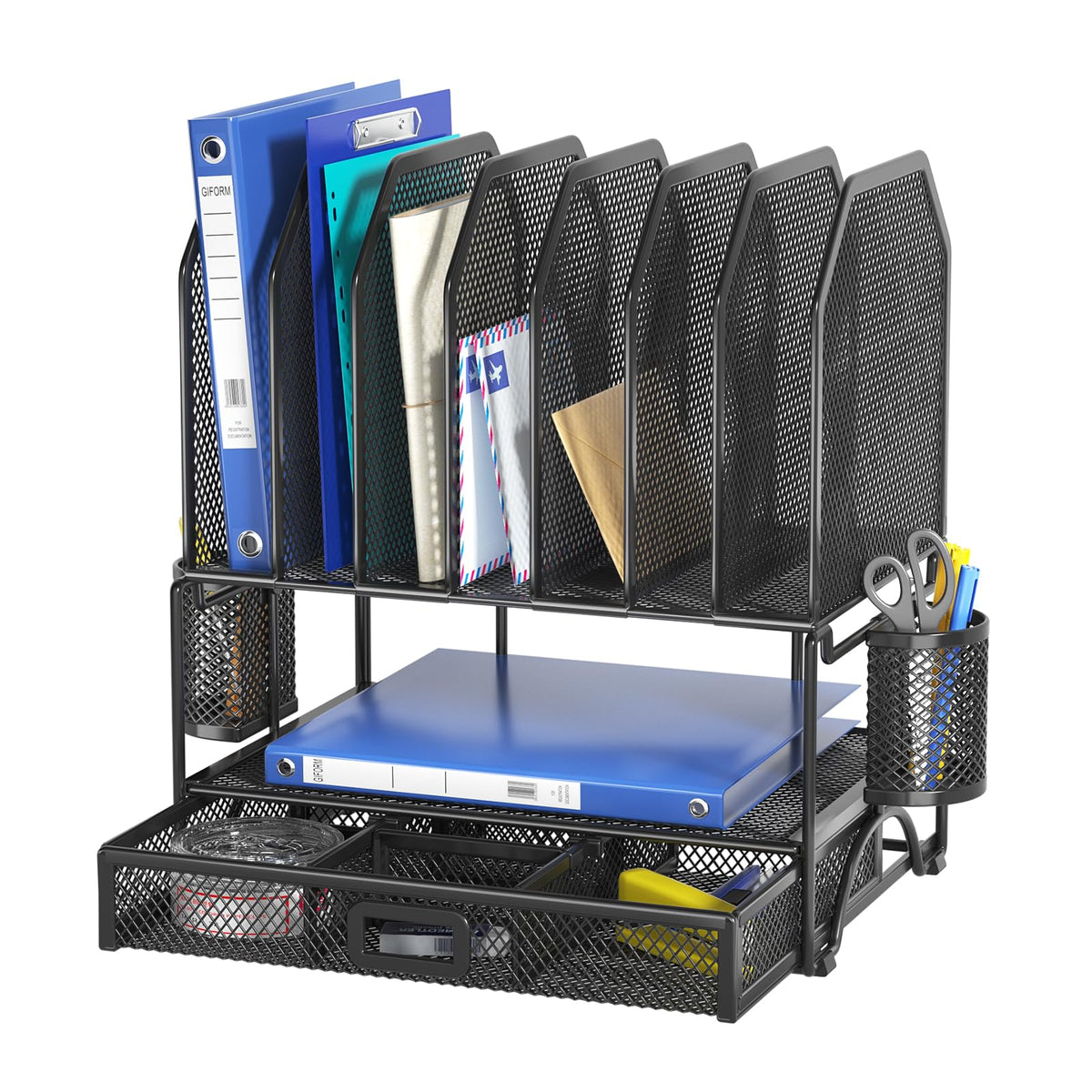 FANXIYQ Metal Desk Organizer with Sliding Drawer, 7-Section File Organizer for Desk, Desktop File Folder & Paper Organizer with 2 Hanging Pen Holders, Office Supplies Organizer, Black