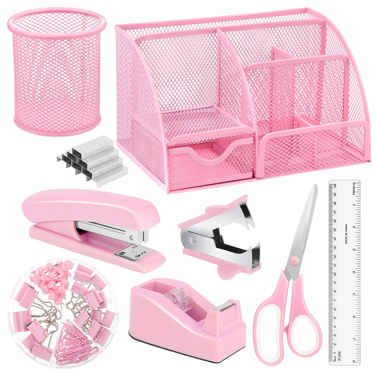 11 In 1 Blue Desk Organizer And Accessories, Light Blue Office Supplies Include Stapler, Tape Dispenser, Pen Holder, Staple Remover, Clips, Ruler, Scissors, Tapes, Tabs