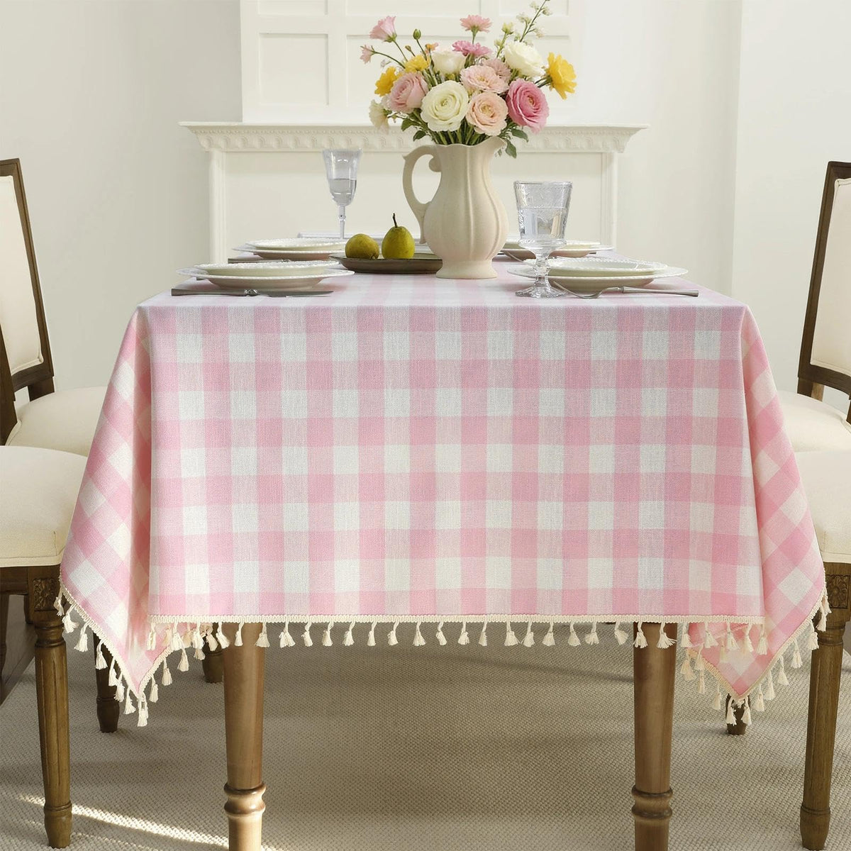 Romanstile Gingham Tassel Tablecloth Rectangle - 55 x 70 Inch, Sage Green