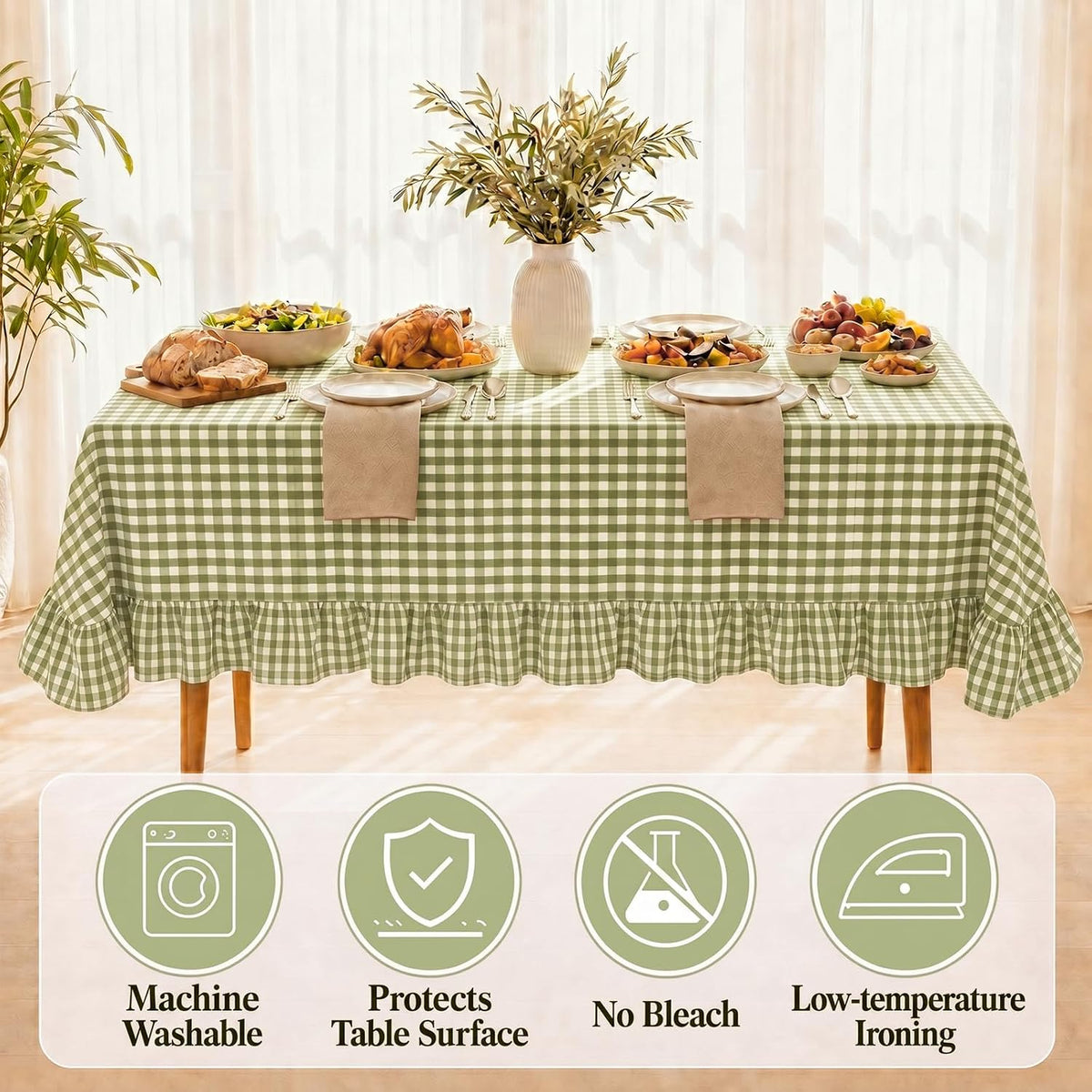 Green White Gingham Ruffled Tablecloth Rectangle 55" x 70" Farmhouse Cotton Plaid Table Cloth with Short Ruffle, Checker Table Cover for Boho Dining Room Kitchen Picnic Home Party Decoration