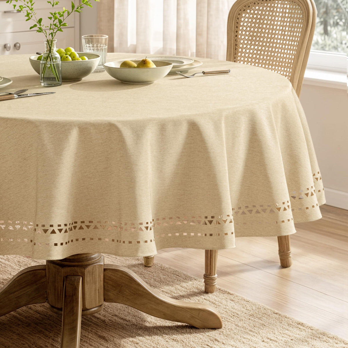 MIULEE 60 Inch Round Tablecloth with Decorative Cutouts Beige