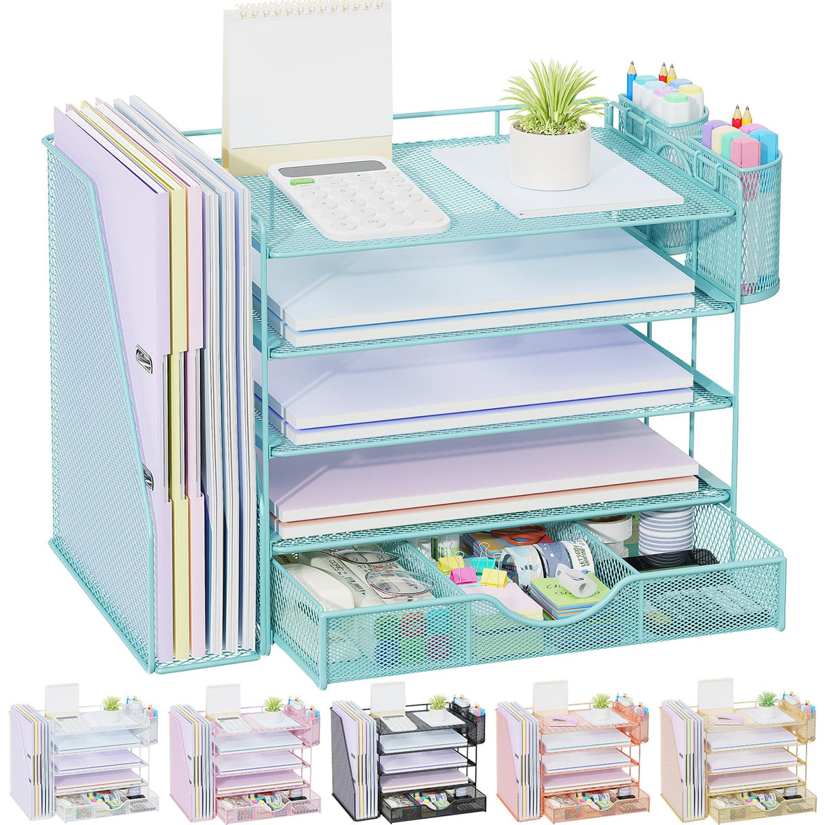 gianotter Desk Organizers and Accessories with File Holder, 4-Tier Desk Accessories & Workspace Organizers with Drawer and 2 Pen Holder, Paper Organizer for Office Supplies (Blue)