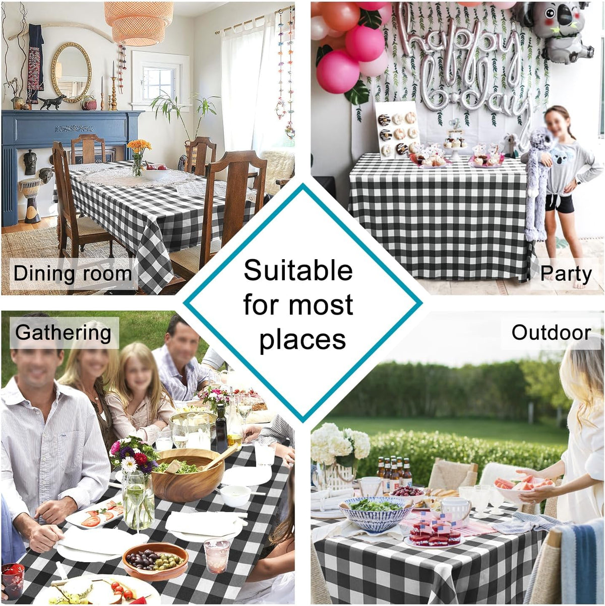 Hiasan 60 x 120 Inch Checkered Tablecloth Rectangle, Black and White
