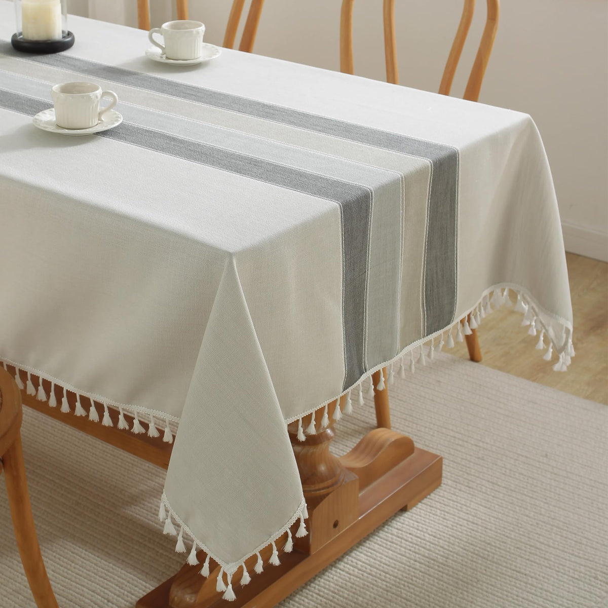 Cotton Linen Tablecloth, Water Resistant Holiday Table Cloth for Rectangle Table with Tassel, Washable Heavy Duty Wrinkle Free Table Cover for Dining Picnic, Coffee Lines, 75 X 55 Inch