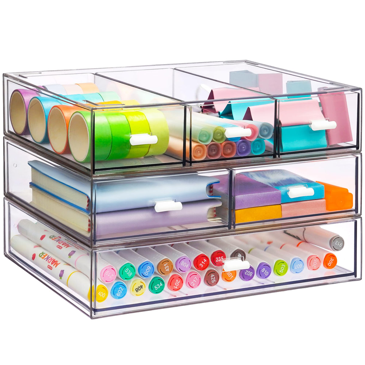 3 Tier Stackable Desk Organizer with 6 Drawers, Plastic Desktop Storage Box Drawers, Detachable Makeup Storage Office Stationery Supplies Organizer for Office School(Purple)