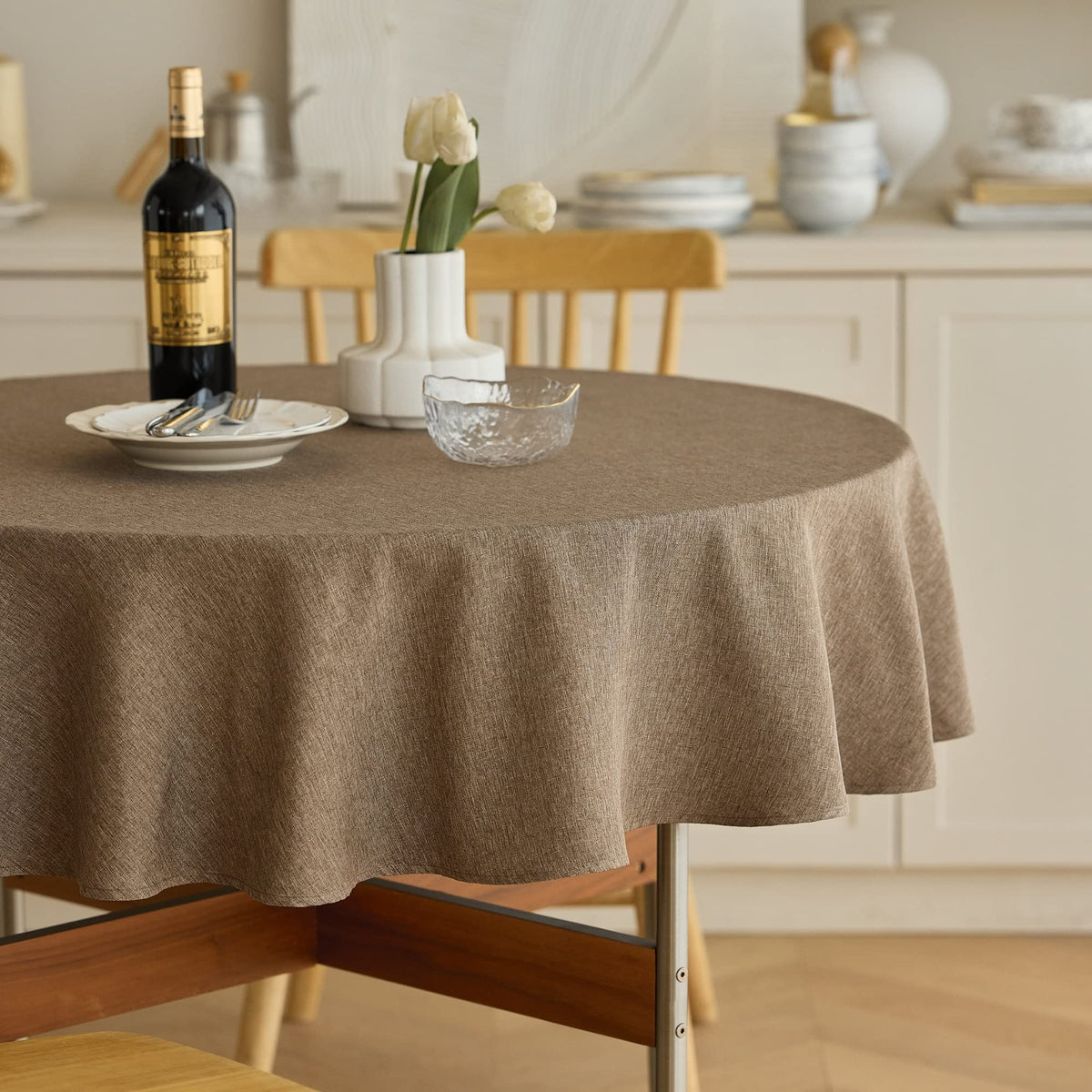 Decorelia Waterproof Round Tablecloth for Round Dining Table, Decorative Rustic Soft Wipeable Table Cloths Cover Indoor Outdoor Use for Holiday,Wedding, Kitchen (70 Inch,Round (4-6 Seats),Beige)