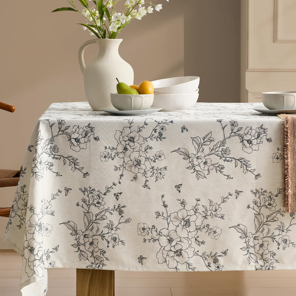 Green Floral Tablecloth Vintage French Rustic Linen Tablecloth Rectangular