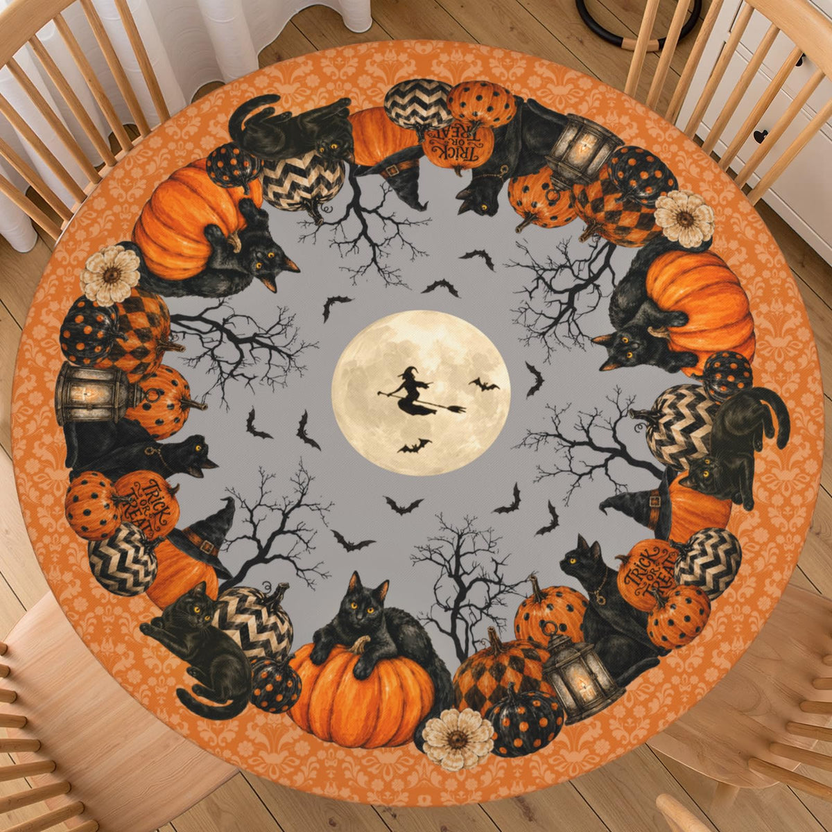 Halloween Polka Dot Round Fitted Tablecloth with Elastic Black Cat Ghost Pumpkin Bat Bowtie Whimsical Table Cloth Decorative Washable Spooky Cute Table Cover Outdoor Kitchen Dining for 44"-48" Table