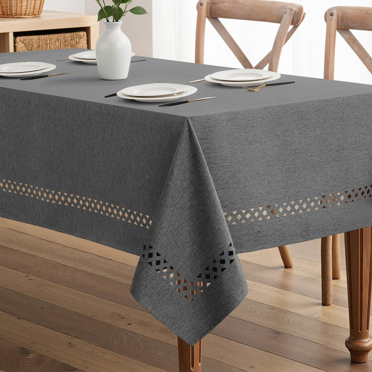 MIULEE Beige 60 Inch Round Linen Tablecloth with Decorative Cutouts