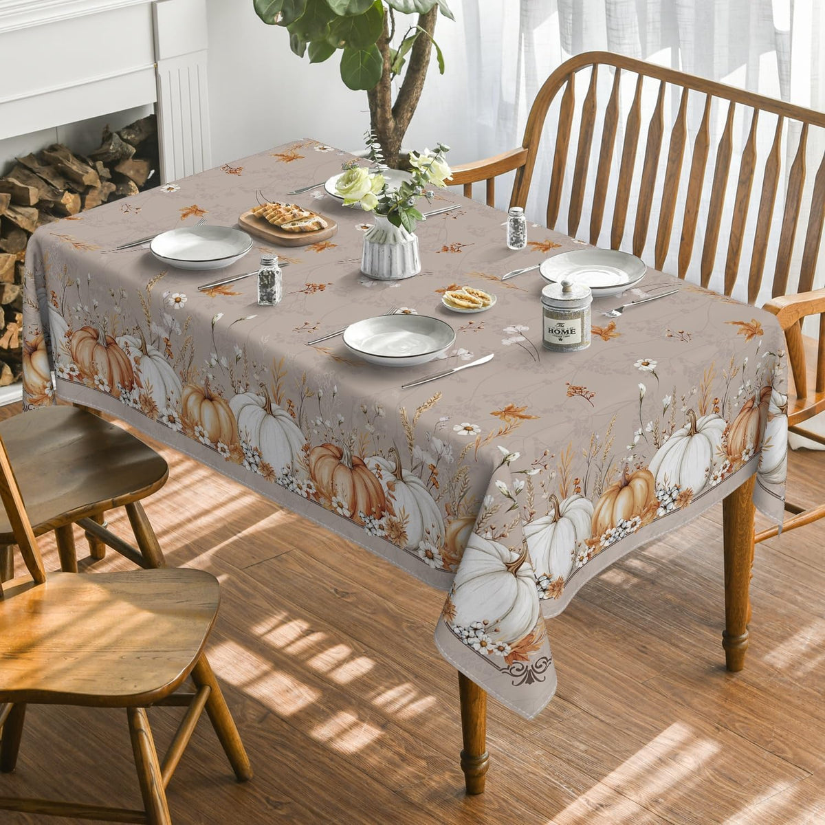 Horaldaily Fall Tablecloth 52 x 70 Inch Rectangular White Orange Pumpkin