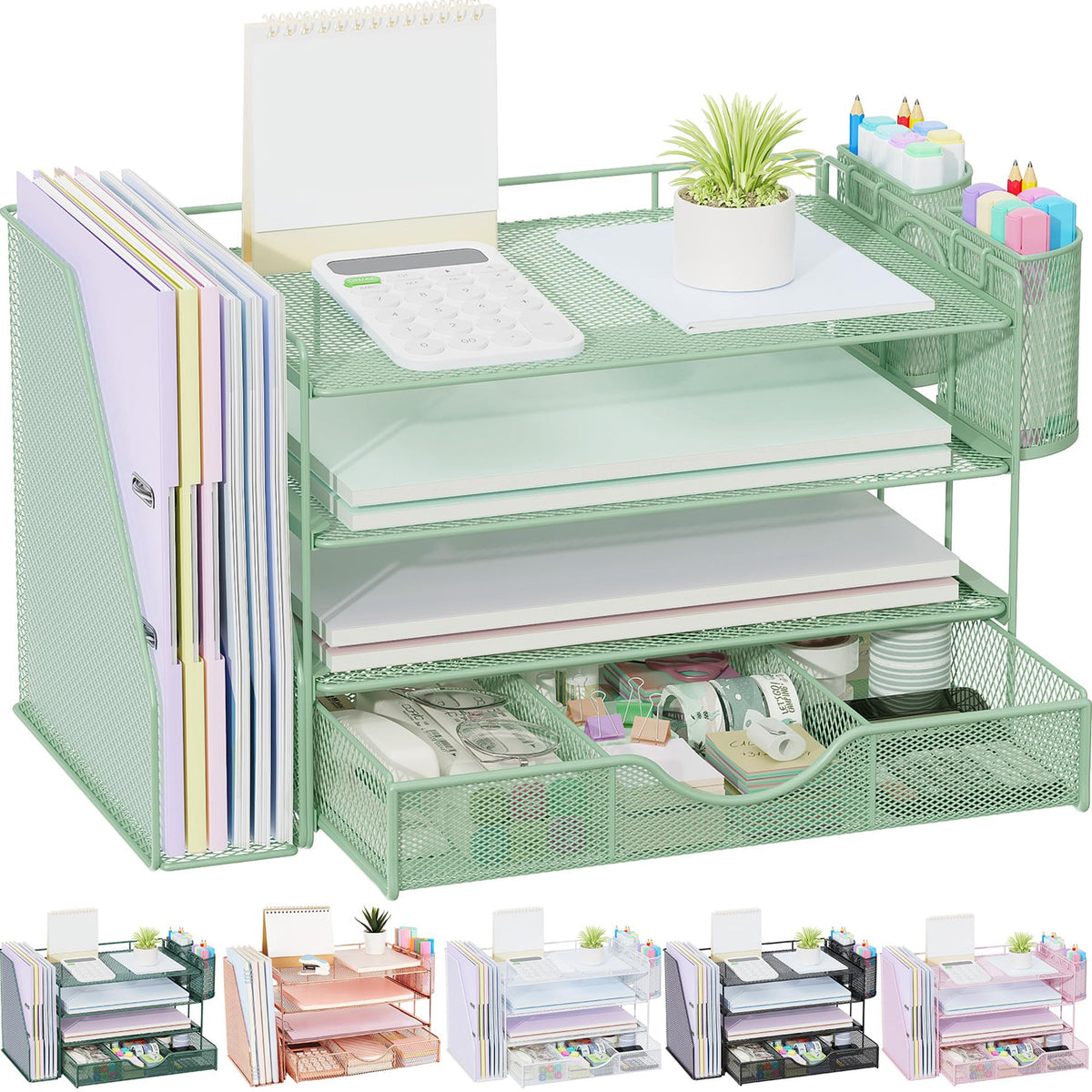 gianotter Desk Organizers and Accessories with File Holder, 4-Tier Desk Accessories & Workspace Organizers with Drawer and 2 Pen Holder, Paper Organizer for Office Supplies(Gold)