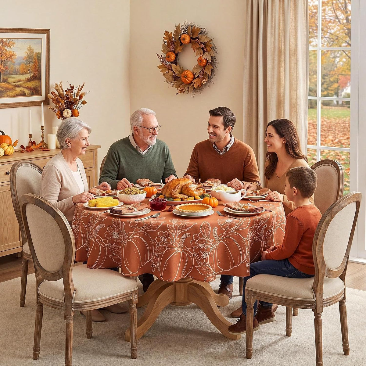 Softalker Faux Linen Round Fall Tablecloth 70 Inch, Autumn Table Cloth with Pumpkin & Maple Leaves, Orange Circle Table Cover Water Resistant for Outdoor, Thanksgiving, Kitchen-Harvest Themed