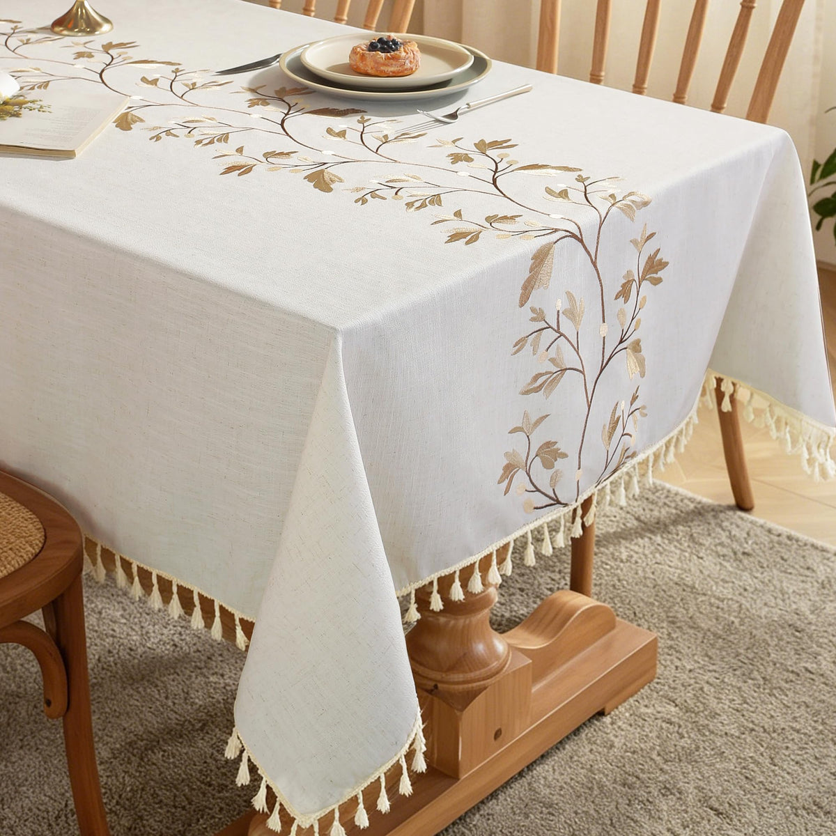 Cotton Linen Tablecloth, Water Resistant Holiday Table Cloth for Rectangle Table with Tassel, Washable Heavy Duty Wrinkle Free Table Cover for Dining Picnic, Coffee Lines, 75 X 55 Inch
