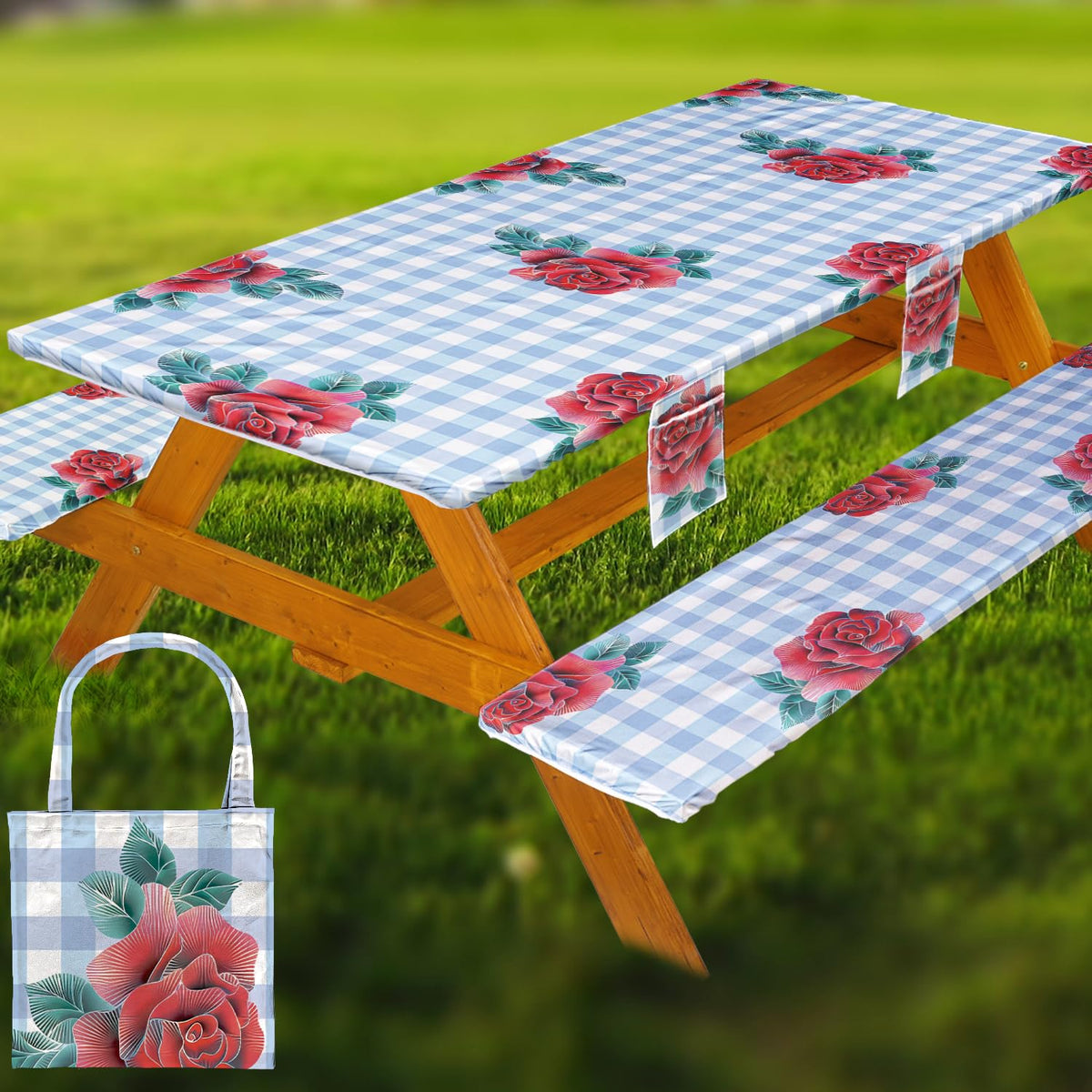 Fitted Picnic Table Cover with Bench Covers Vinyl Waterproof Elastic Edges Fitted Rectangle Tables Patio Tablecloth Camping Gear and Essentials Rv Accessories Road Trip Supplies Car Travel Must Haves