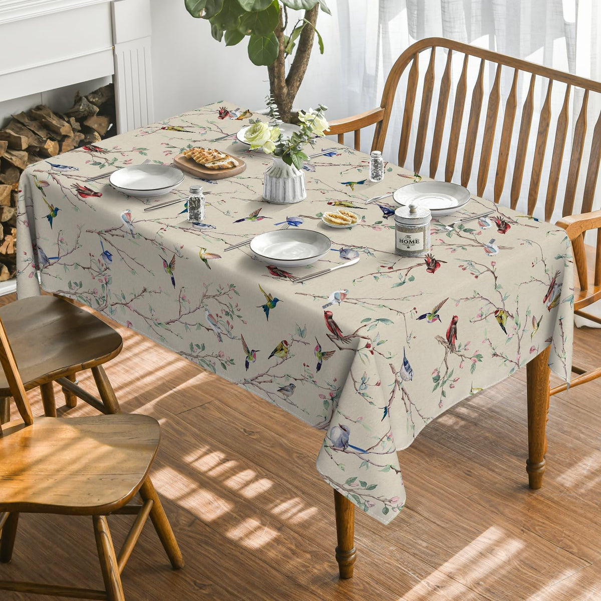 Horaldaily Spring Tablecloth 60 x 84 Inch Rectangular Birds Branch Beige