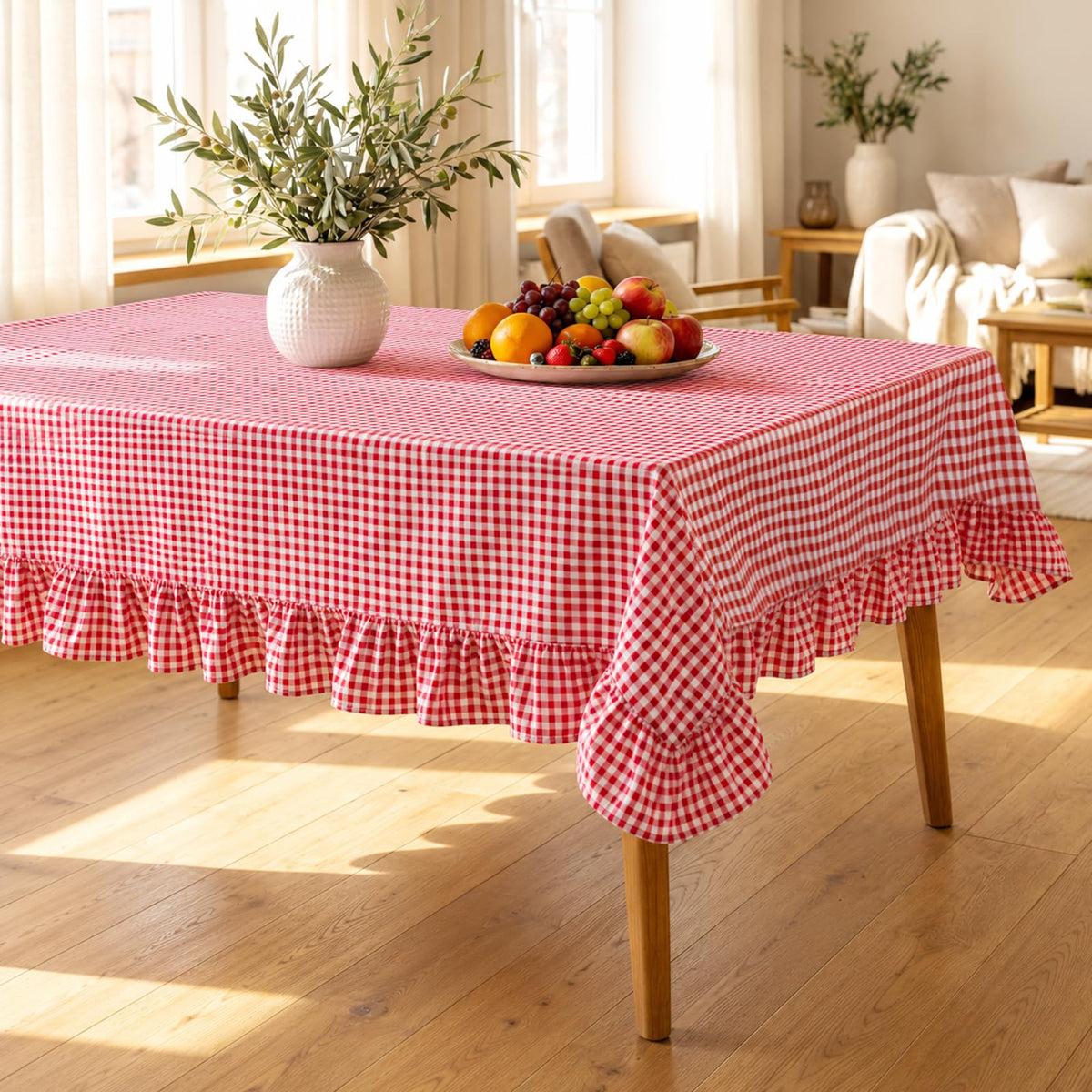 Green White Gingham Ruffled Tablecloth Rectangle 55" x 70" Farmhouse Cotton Plaid Table Cloth with Short Ruffle, Checker Table Cover for Boho Dining Room Kitchen Picnic Home Party Decoration
