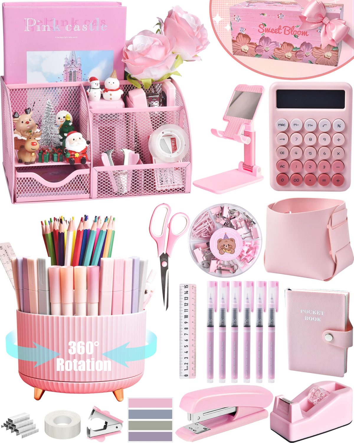 LXEVIHK Pink Desk Accessories 21-Piece Office Supplies Gift Set for Women