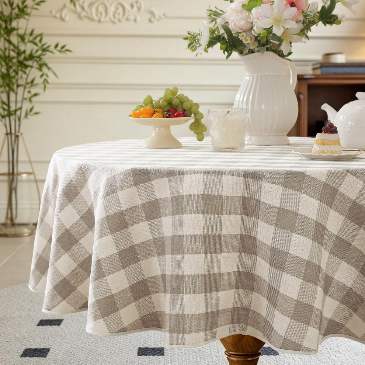 Alsoo Checkered Tablecloth Rectangle Washable Buffalo Plaid Table Cloth Cotton Linen Gingham Table Cover for Picnic Kitchen Dining Room, Beige and White, 60 * 75