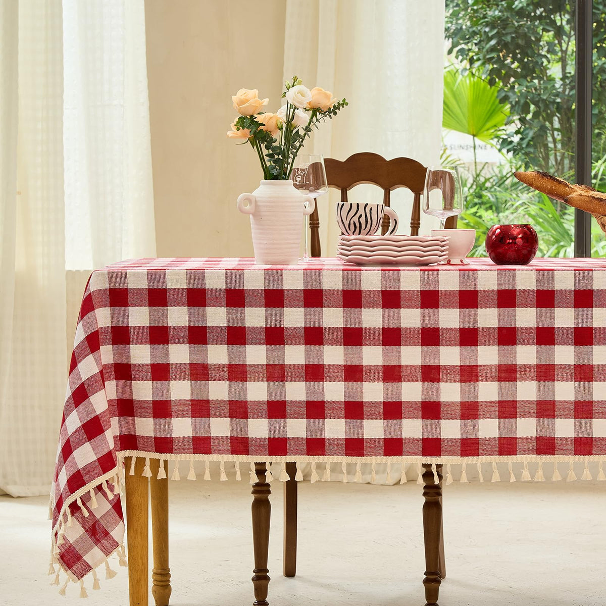 Midsummer Breeze Farmhouse Gray Khaki Gingham Tablecloth Rectangle 55”x70”