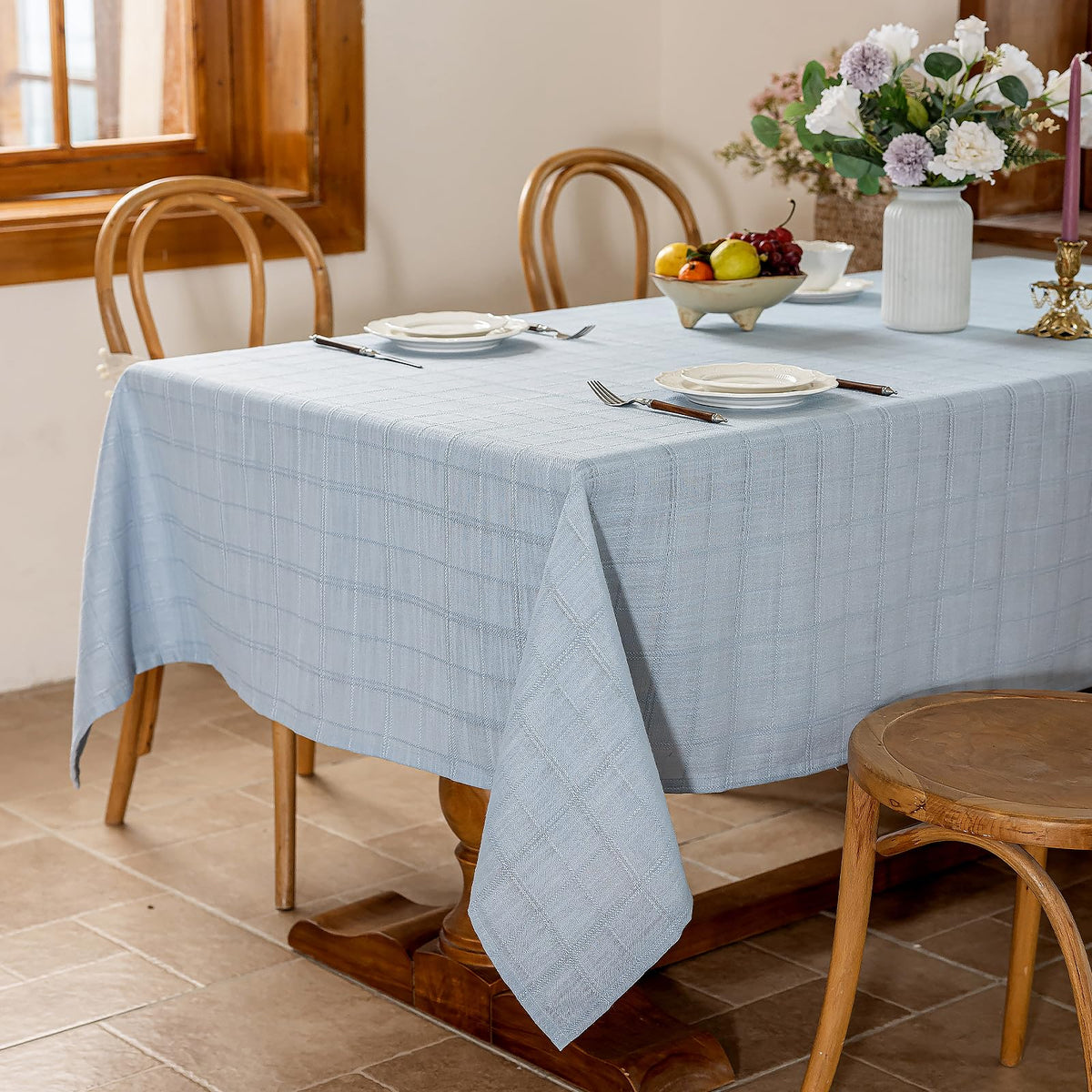 Laolitou Light Pink Embroidered Grid Tablecloth, Wrinkle Resistant, 52"x70"