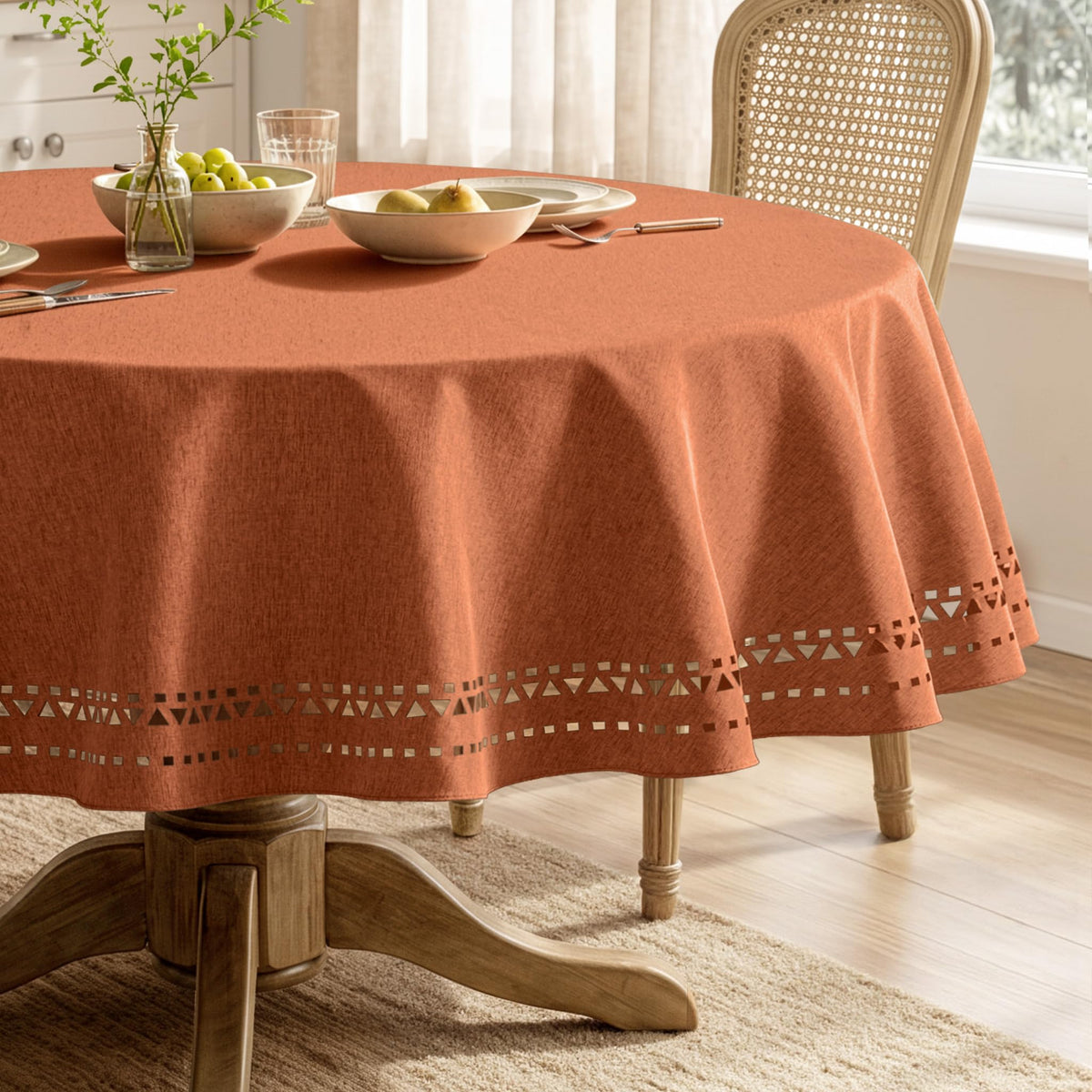 MIULEE 60 Inch Round Tablecloth with Decorative Cutouts Beige