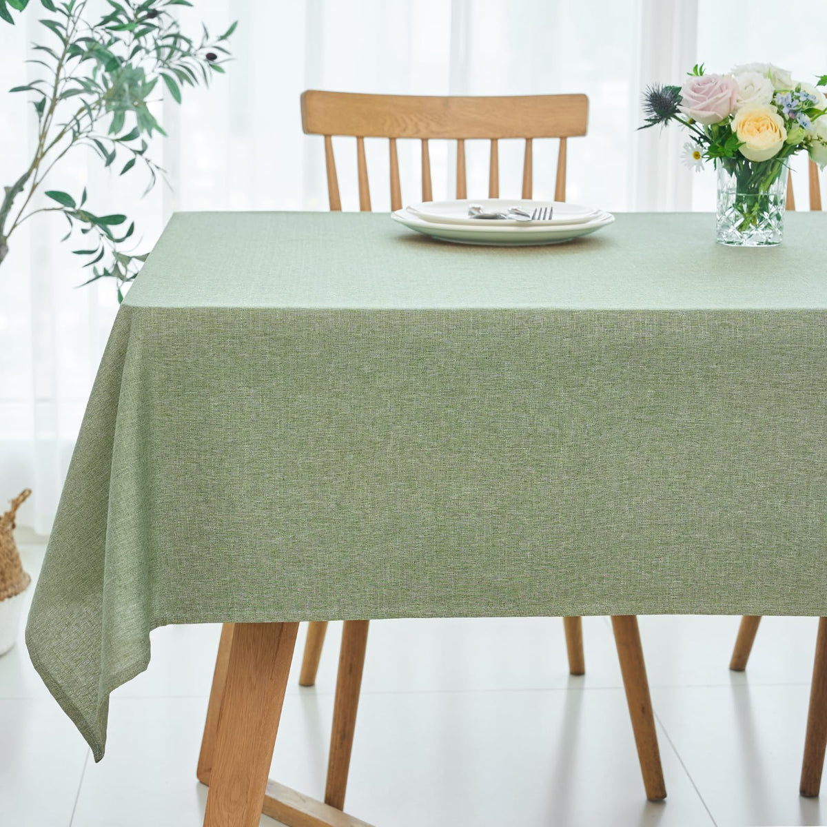 maxmill Rectangle Linen Textured Tablecloth Waterproof Spillproof Wrinkle Free Washable Fabric Table Cloth Kitchen Dining Tabletop Decoration Table Cover for Holiday Dinner Party, 52 x 70 Inch, Linen
