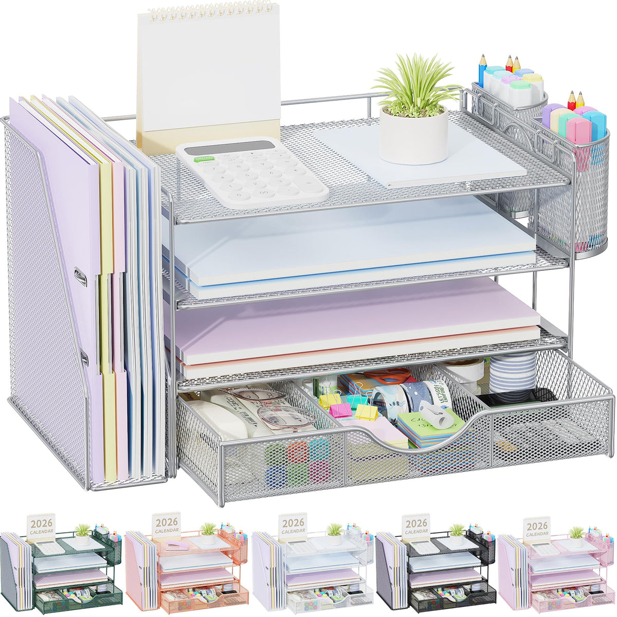 gianotter Desk Organizers and Accessories with File Holder, 4-Tier Desk Accessories & Workspace Organizers with Drawer and 2 Pen Holder, Paper Organizer for Office Supplies (Blue)