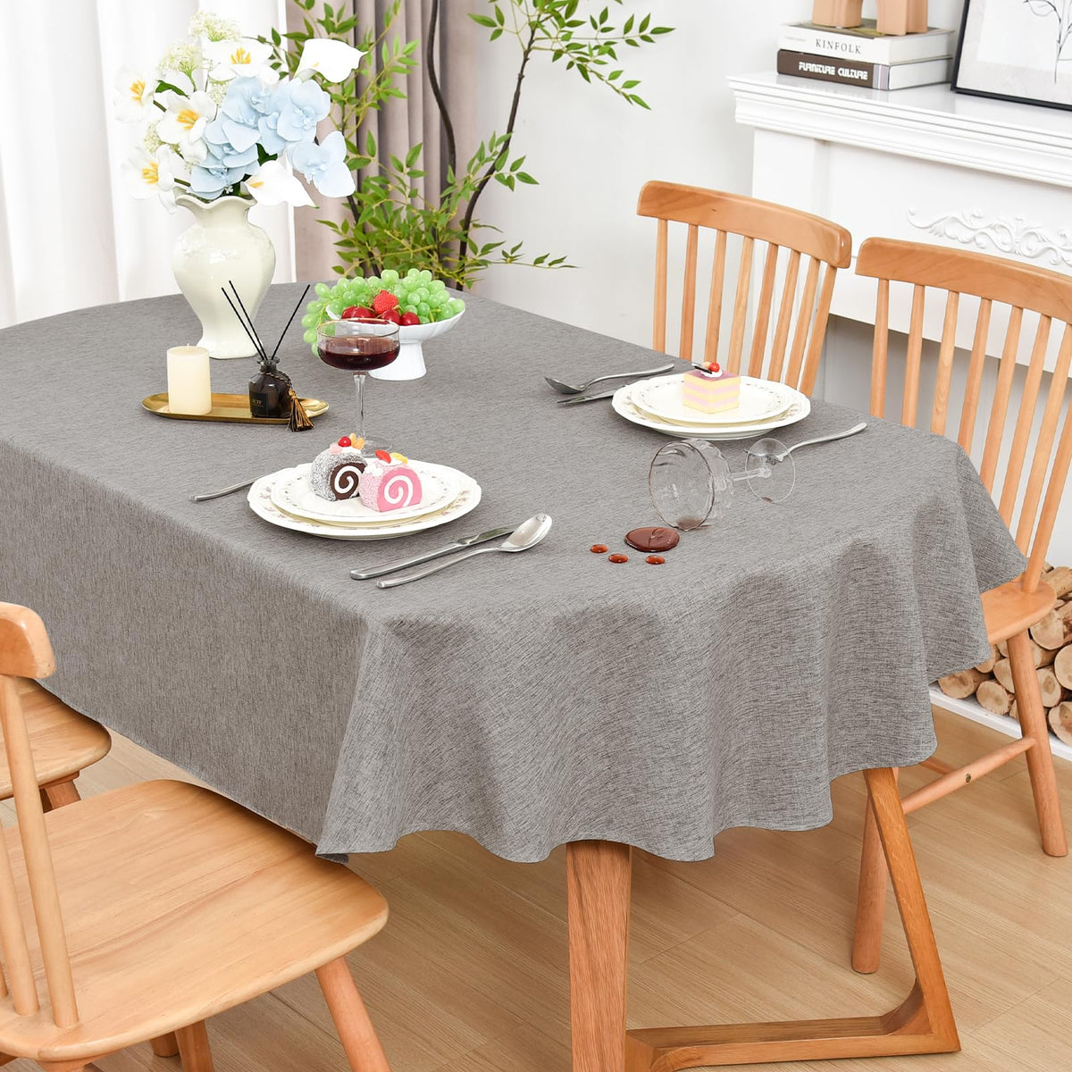 Wolkemer Oval Tablecloth 60 x 84 Inches Faux Linen Water Resistant