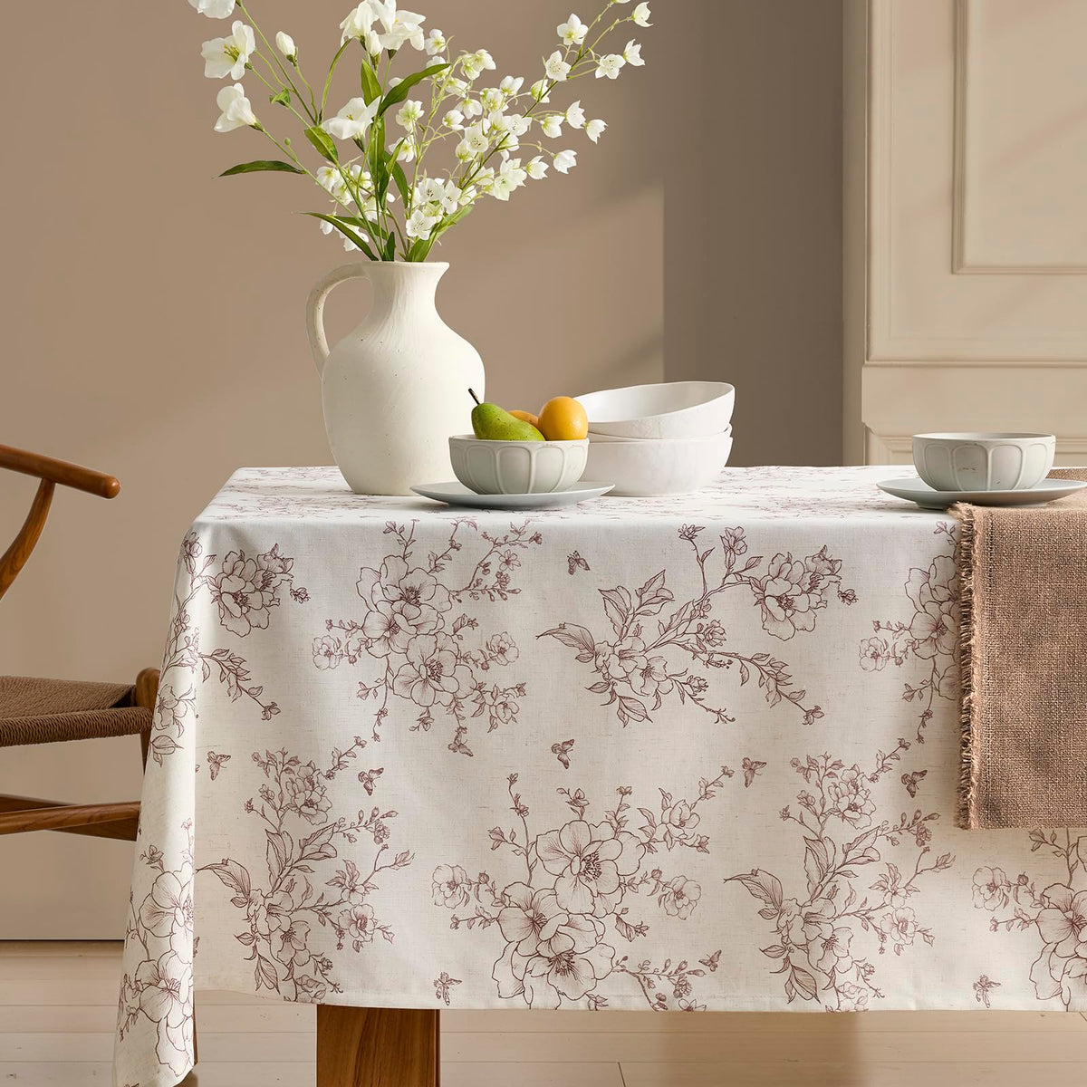 Green Floral Tablecloth Vintage French Rustic Linen Tablecloth Rectangular
