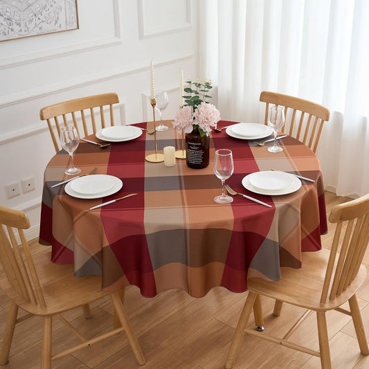 Round Tablecloth 70 Inches Red Brown Buffalo Plaid Winter Table Cloth - Polyester Checkered Gingham Christmas Table Cover Reusable Water Resistant for Fall Thanksgiving Holiday Party Kitchen Dinning