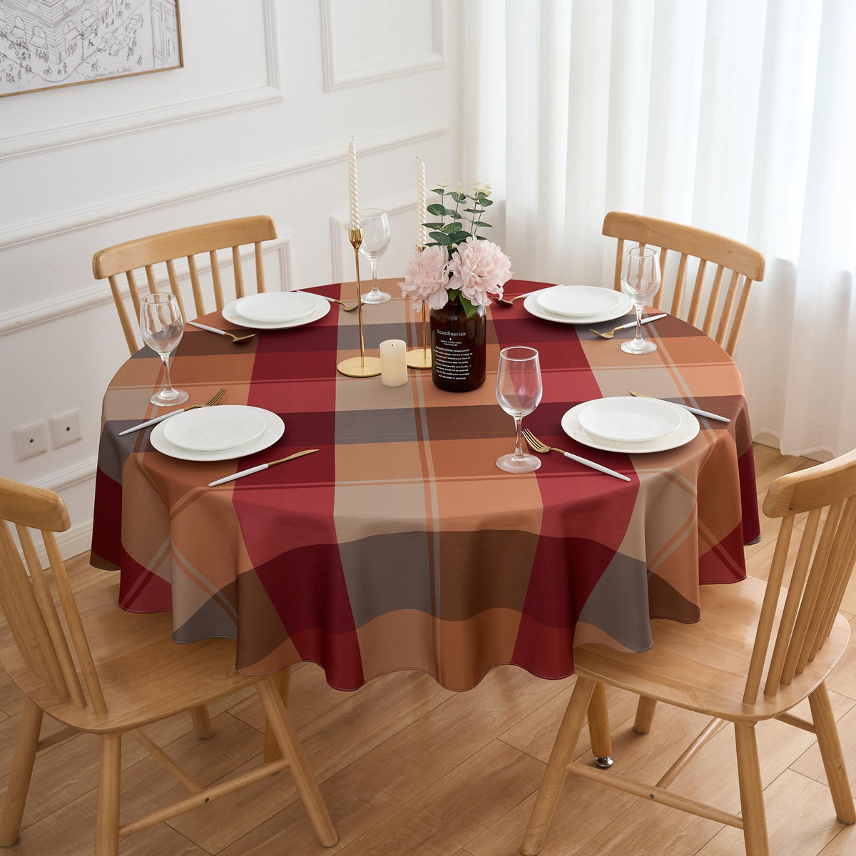 Round Tablecloth 70 Inches Red Brown Buffalo Plaid Winter Table Cloth - Polyester Checkered Gingham Christmas Table Cover Reusable Water Resistant for Fall Thanksgiving Holiday Party Kitchen Dinning