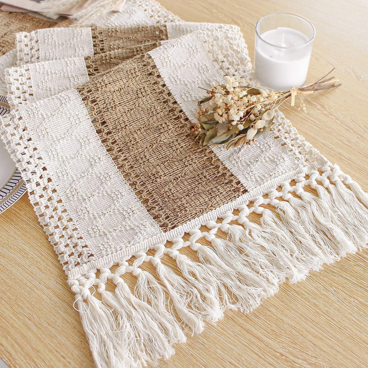 FEXIA Boho Table Runner for Fall Home Decor 12x72 Rustic with Tassels