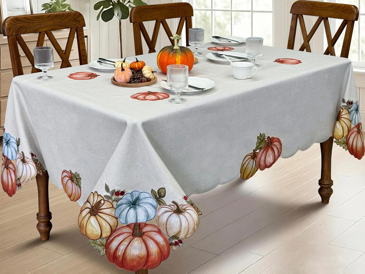 KEVA Fall Tablecloth 60x84 Inch, Autumn Pumpkin Cutwork Embroidered Tablecloth, Harvest Thanksgiving Table Decor for Kitchen Dining Table