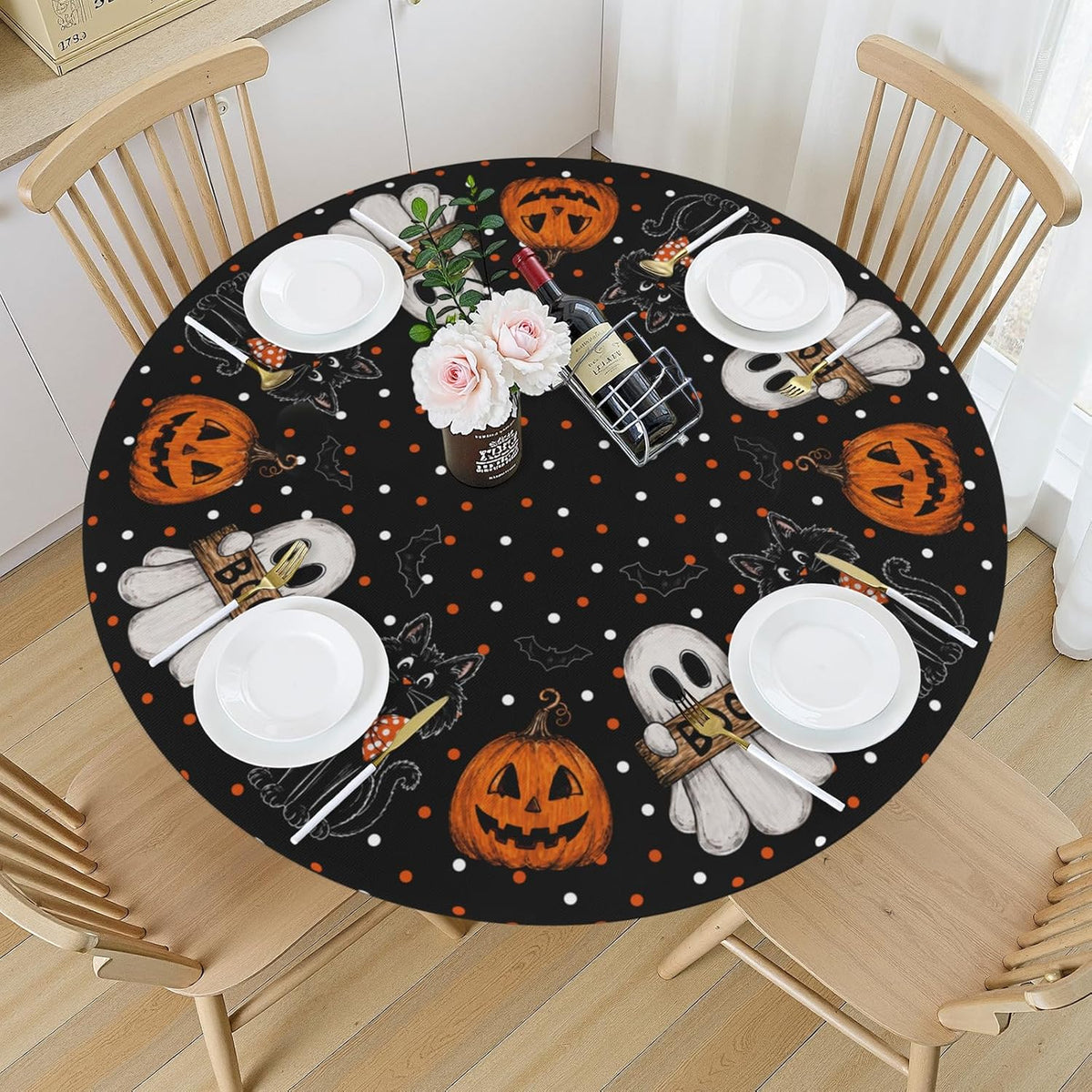 Halloween Polka Dot Round Fitted Tablecloth with Elastic Black Cat Ghost Pumpkin Bat Bowtie Whimsical Table Cloth Decorative Washable Spooky Cute Table Cover Outdoor Kitchen Dining for 44"-48" Table