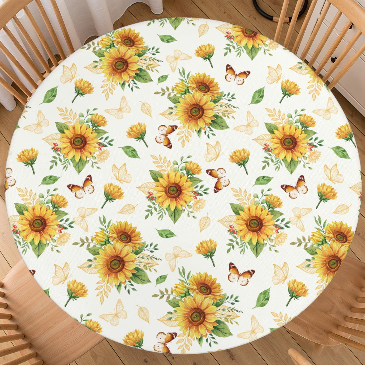 Fall Round Fitted Tablecloth with Elastic Edge Orange Blue White Thanksgiving Pumpkin Table Cover 40-44 Inch Autumn Leaf Washable Table Cloth for Kitchen Dining Room Party Decor